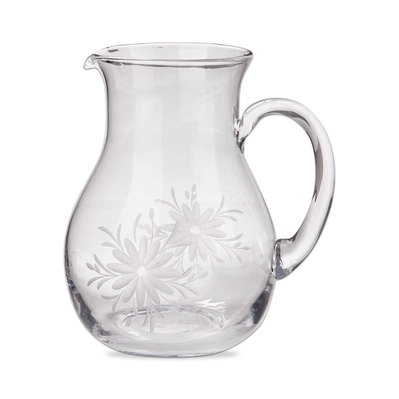 Fleur Etched Glass Pitcher - 67oz Beverage Server for Summer, Clear Glass, Hand Wash Only, 9" H x 6.25" L x 6.25" W